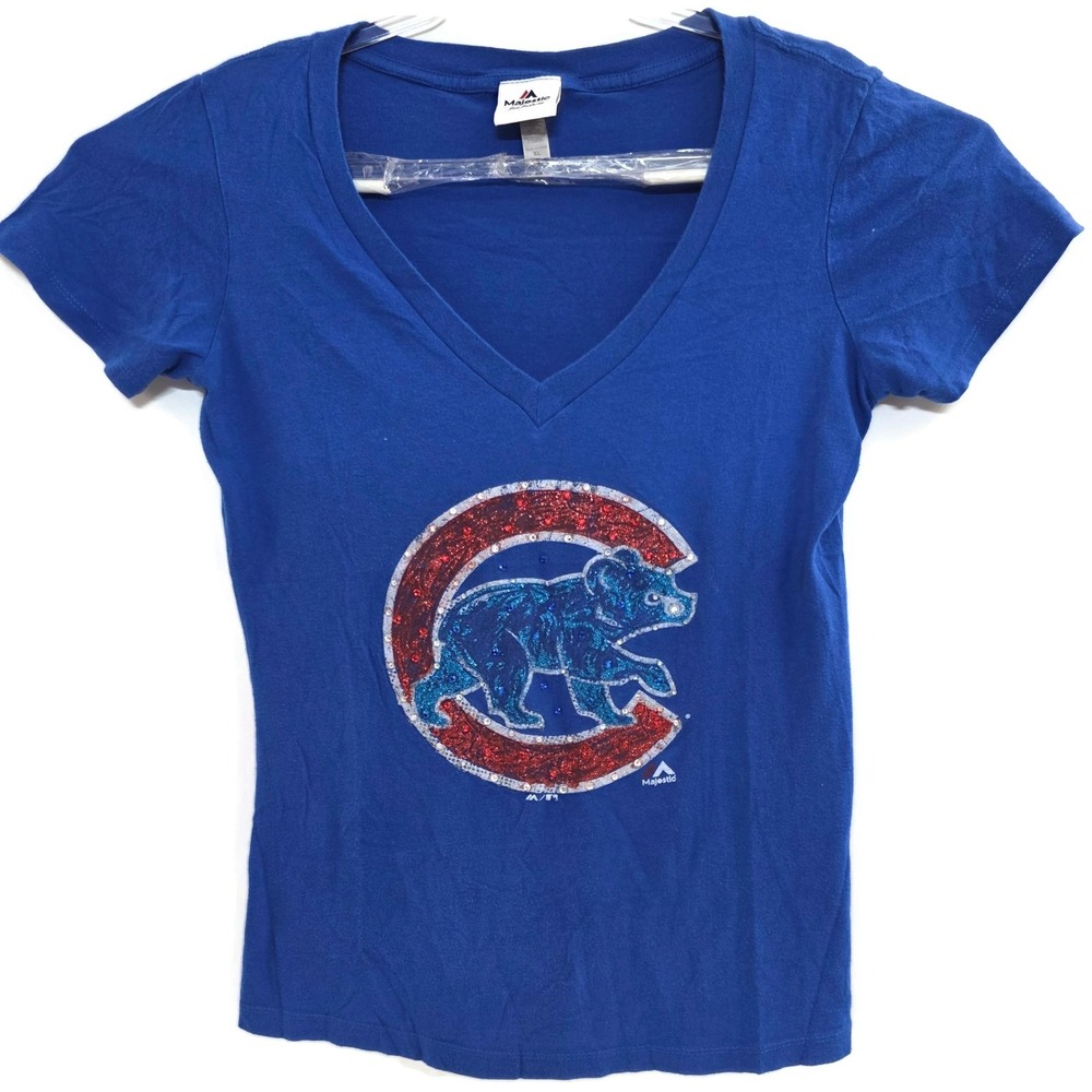 Chicago Cubs Shirt Womens‎ XL Blue MLB Baseball Majestic V Neck Rhinestone